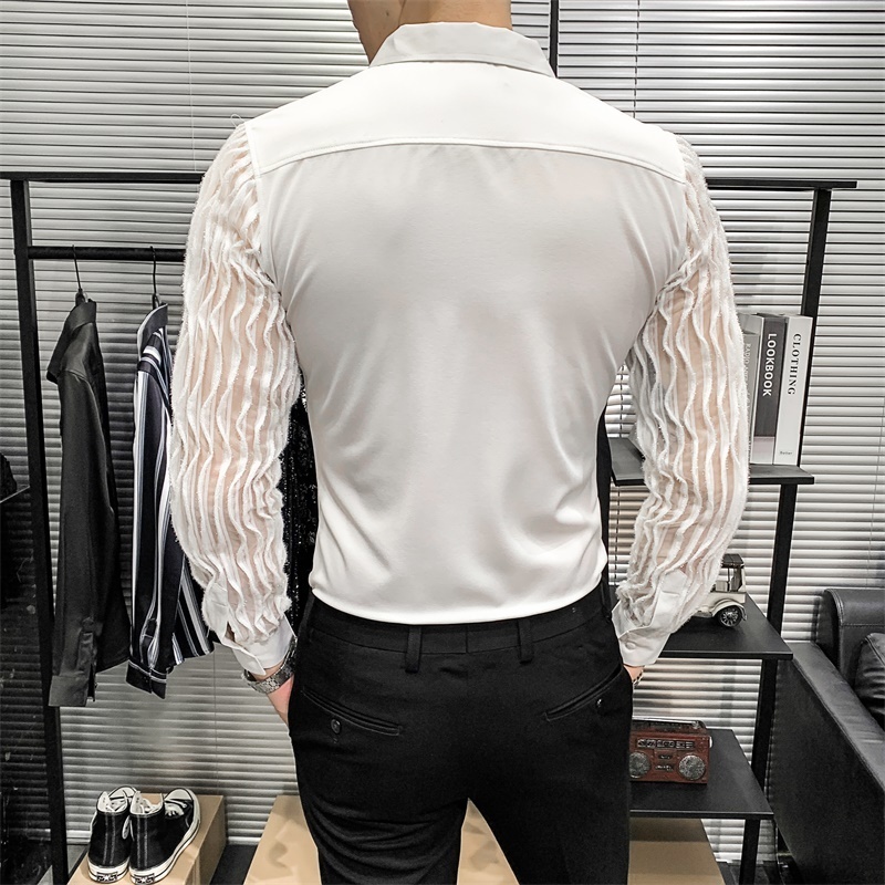 Lace Hollow Shirts for Men Long Sleeve Slim Fit Streetwear Social Party Blouse Nightclub Singer Dj Clothing Camisas Para Hombre 220322