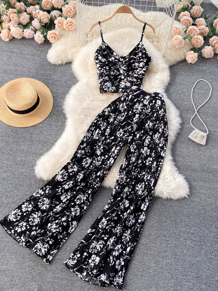 Women Summer Casual Pants Suit 2 Piece Set Female Floral Print Sleeveless Top & Wide Leg Fashion Outfit 220509