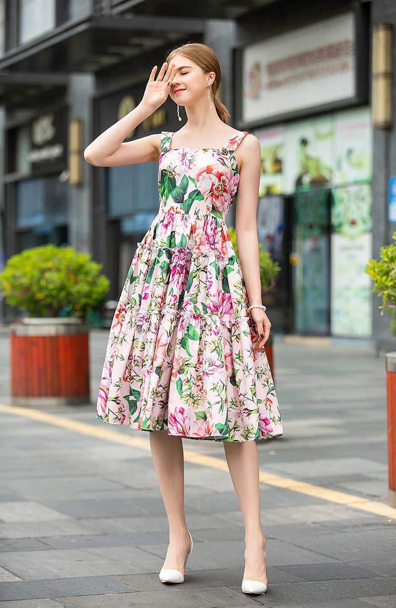 Women's Runway Dresses Spaghetti Straps Floral Printed High Street Tiered Fashion Holiday Dress
