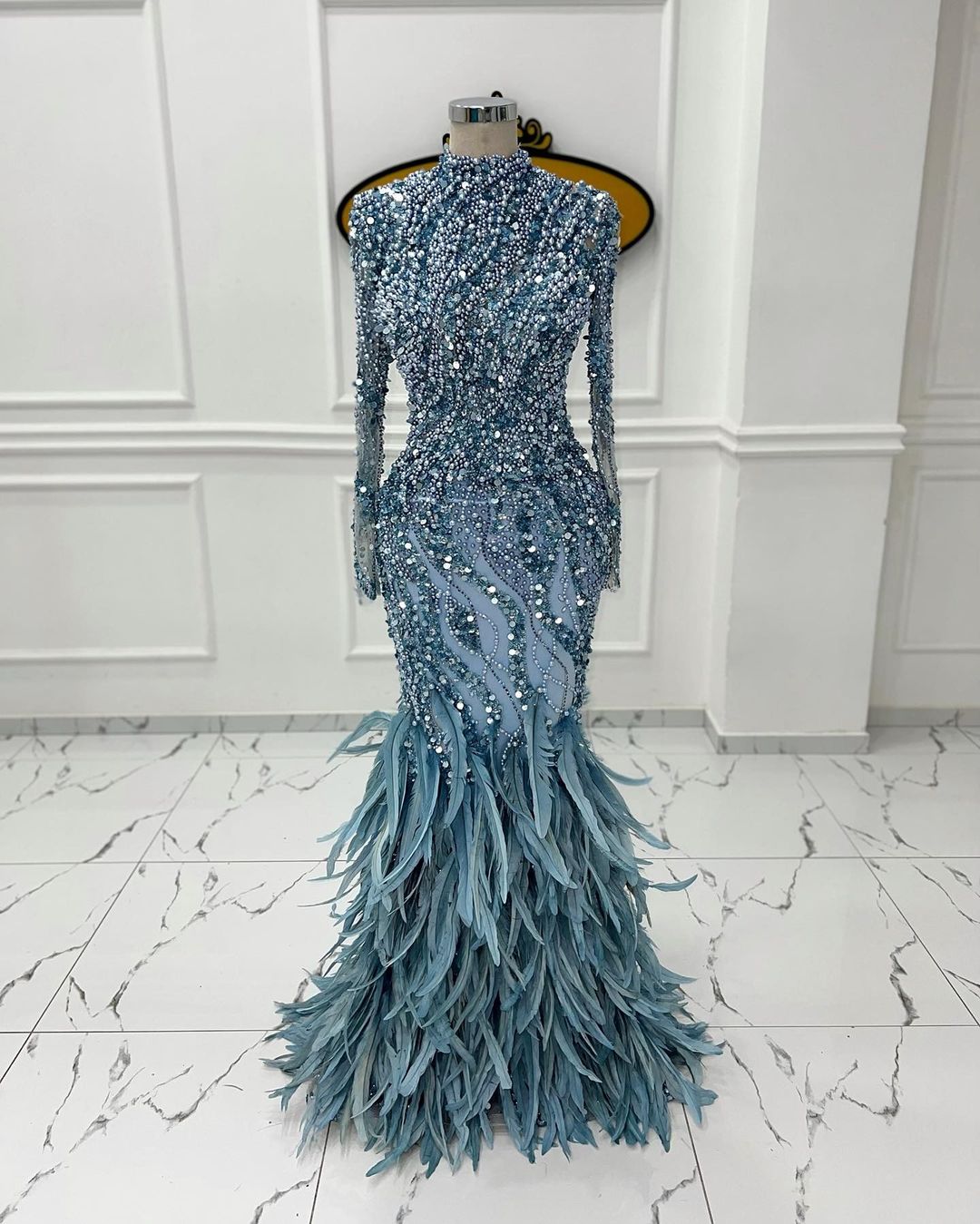 plus size arabic aso ebi luxurious mermaid feather prom dresses pearls beaded evening formal party second reception birthday engagement gowns dress zj