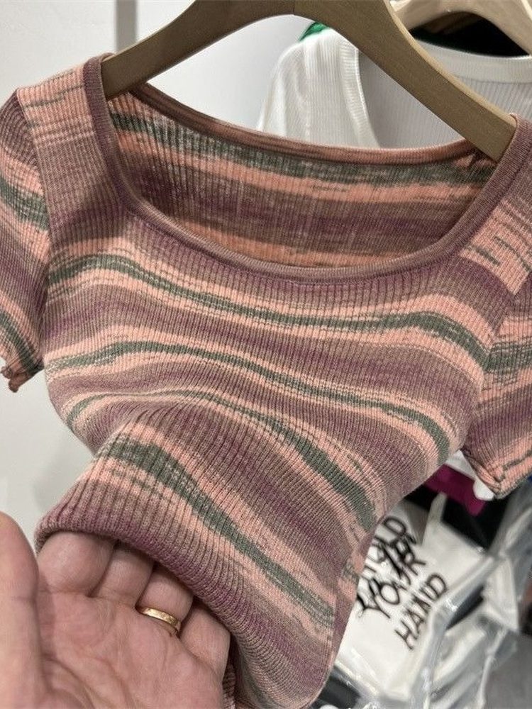 Summer T Shirt Women Oversized Woman Clothes Female Tops Short Sleeve Tee s Tube Top Y2k Knit Canale Stripe Tshirt 220714