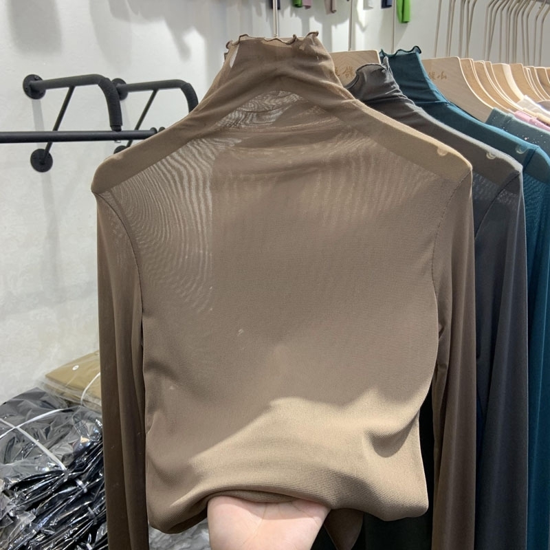 Mesh See Through Women T-Shirts Summer Turtleneck Solid Slim Elastic Long-Sleeved Female Buttoming Pulls Tops Tees 220516