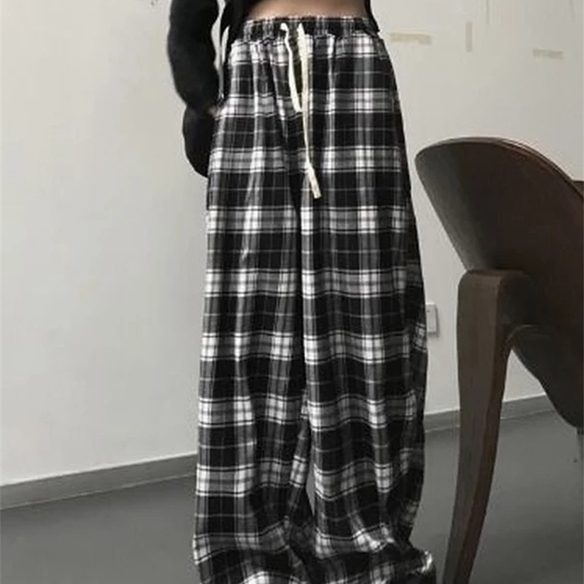 HOUZHOU Harajuku Oversize Plaid Pant Korean Fashion Black White Checked Trousers For Female Fall Wide Leg Sweatpants 220325