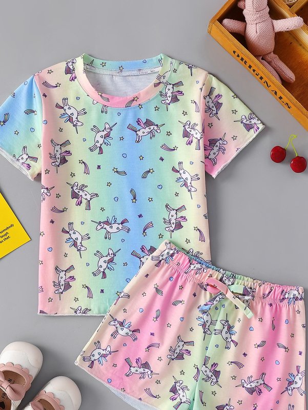 Toddler Girls Ombre Unicorn Print Tee & Bow Front Shorts SHE