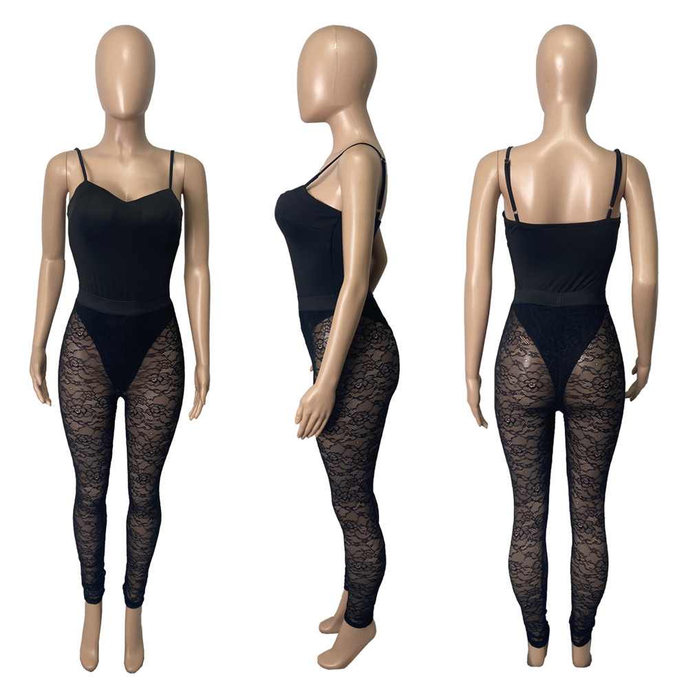 2023 Designer Women Tracksuits Sexy Sleeveless Bodysuits and See Through Lace Leggings Two Piece Sets Summer Sheer Outfits Night Club Wear Wholesale C