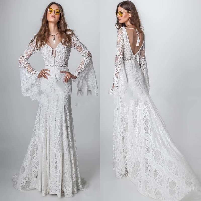 Vintage Crochet Lace Boho Beach Wedding Dress with Flare Long Sleeve 2022 V-neck Mermaid Hippie Style Bridal Gowns Western Country Cowgirl Bohemian Br