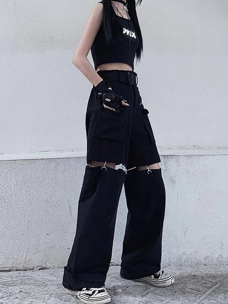 QWEEK Techwear Gothic Black Cargo Pant Streetwear Hollow Out Punk Wide Leg Oversize Pockets Trousers For Female Hip Hop 220325