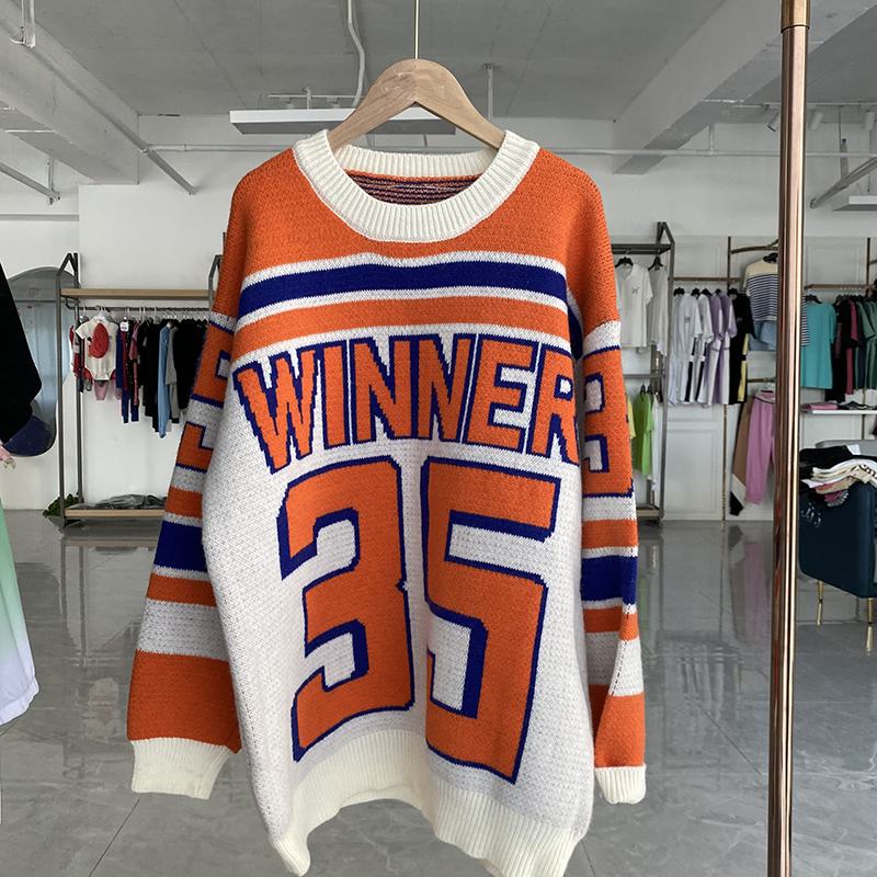 DAYIFUN Women Orange Sweaters Japanese Loose Outer Wear Hedging Thick Midlength Knit Pullovers Lady Letter Oversized Jumpers 220817