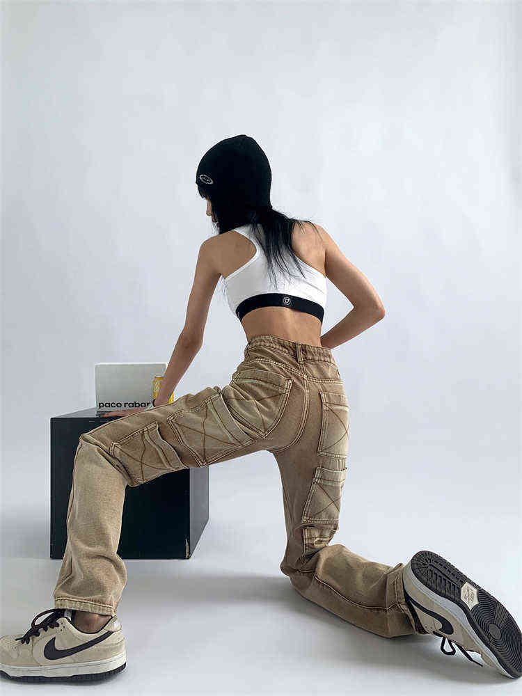 American Retro Pocket Khaki Jeans Women' Spring And Summer New Street Design Neutral Loose Straight Denim Trousers Female Pants T220728 
American Retro Pocket Khaki Jeans Women' Spring And Summer New Street Design Neutral Loose Straight Denim Trousers Female Pants T220728