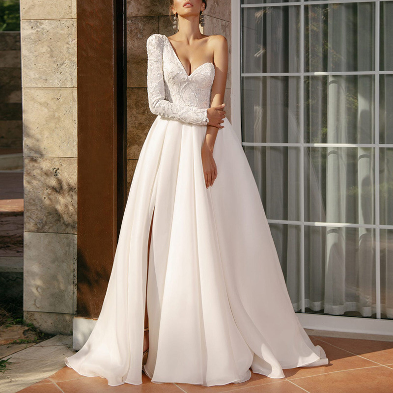 2023 Gold Chic One Shoulder Crystal Mermaid Prom Dress With Detachable Train Sexy Backless Evening Gown white lace long prom gowns