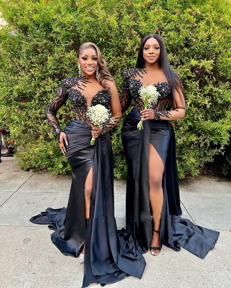 Black Lace Mermaid Evening Dress With Applique Beading, Long Sleeves, Split Front For Bridal Party