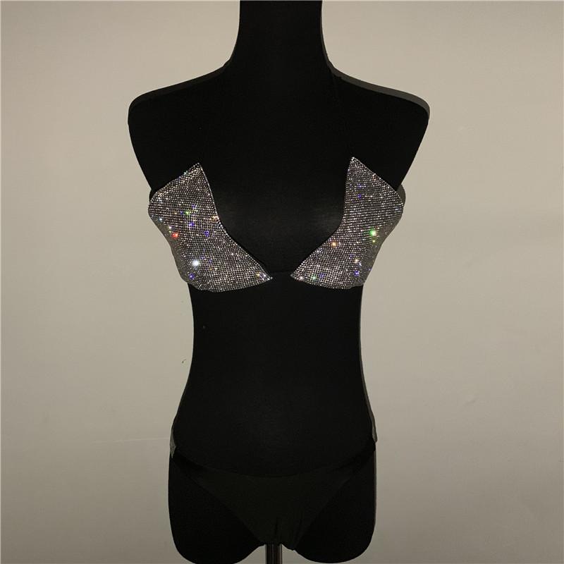Women's Swimwear Sparkly Rhinestone Two Piece Set Sexy V-Neck Bandage Bra High Cut Thong Panty Summer Fashion Bikini Outfits For Lady
