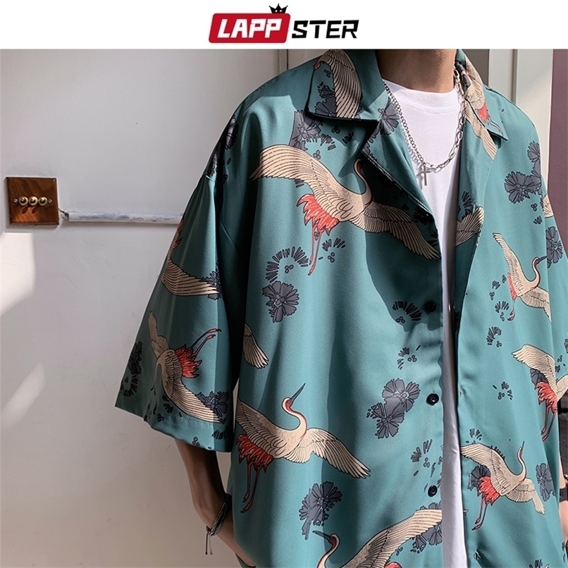LAPPSTER Mens Crane Print Shirts Harajuku Summer Vintage Button Up Short Sleeve Male Korean Fashions Smooth Blouses 220322