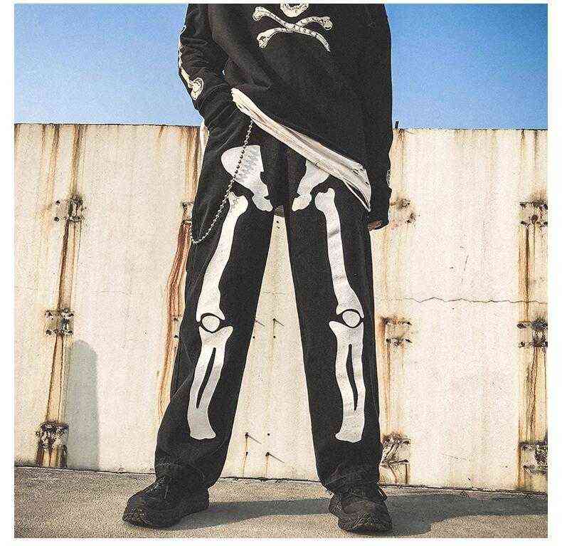 Men Skeleton Printed Jeans Pants Mens High Street Wide Legs Straight Loose Hip Hop Harem Jeans Young Casual Denim Pants Overalls G220415