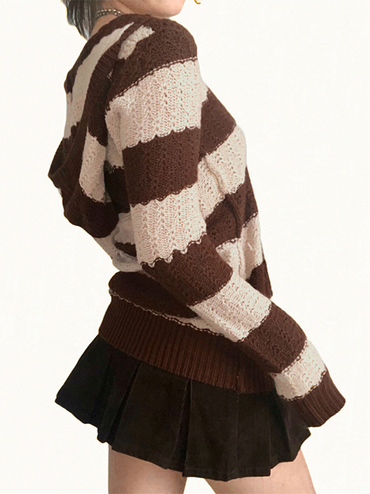 Rapcopter Prepply Kawaii Sweaters Striped Hooded Jumpers Vintage Long Sleeve Academic Knitwear Women Retro Korean Clothing Fall 220816
