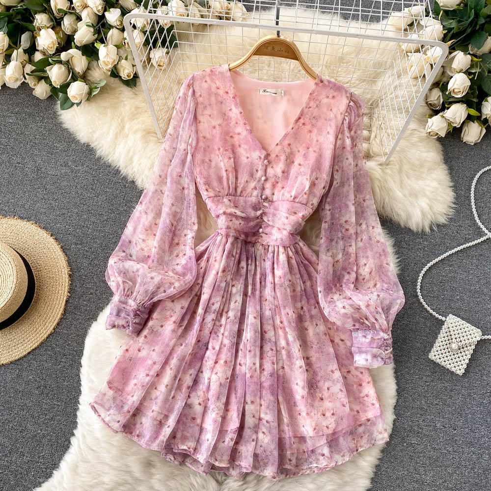 Style French Retro Super Fairy Chiffon Floral Dress With Waist And Thin Temperament V-neck Puff Sleeve Printed Dress 2022