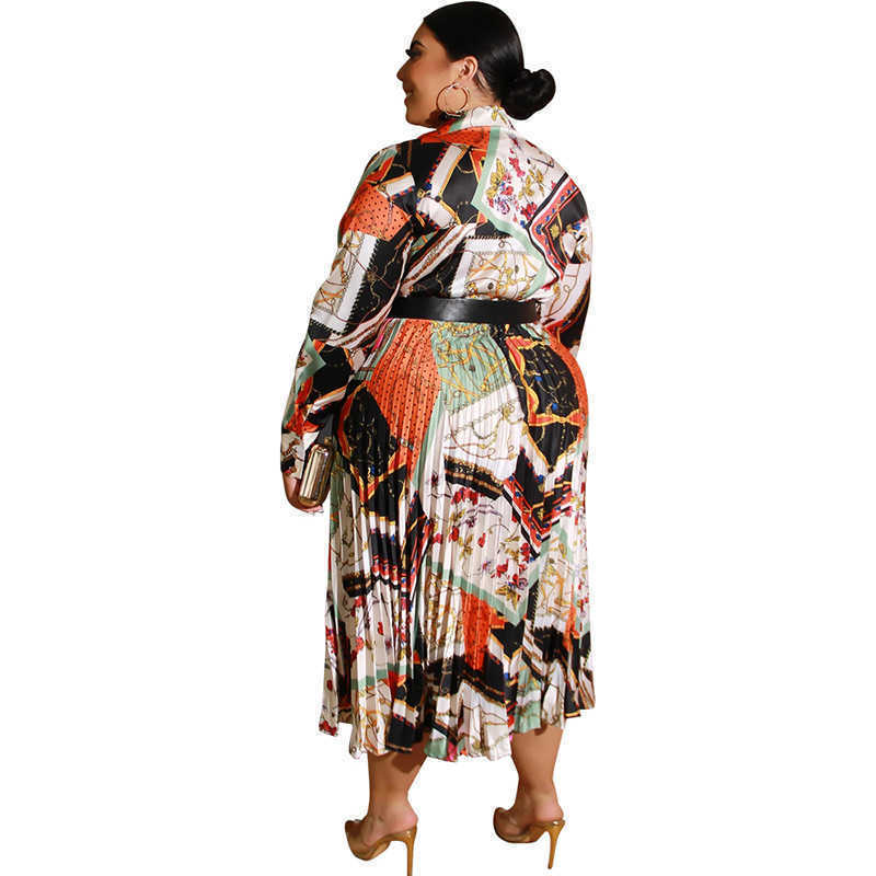 Designer fashion women's plus-size dresses long skirt print pleated color deep V sexy dress with belt large women's dress