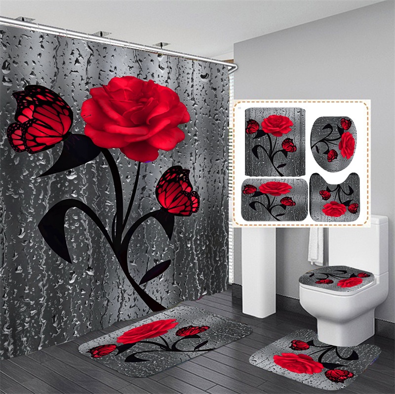 Floral Bath Mat and 180x180cm Shower Curtain Set Shower Curtain with Hooks Bath Rugs Anti Skid Bathroom Carpet Toilet Foot Pad Bat2463660