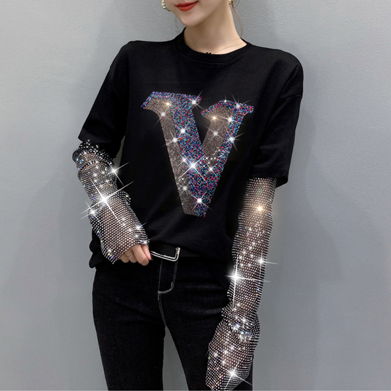 C1032 Diamond Letters Shirt party Women's 2020 Spring Stitching Hot Drill Long-sleeved T-shirt Female Loose Water Drill Fake Two-piece Tops, Black
C1032 Diamond Letters Shirt party Women's 2020 Spring Stitching Hot Drill Long-sleeved T-shirt Female Loose Water Drill Fake Two-piece Tops, Black