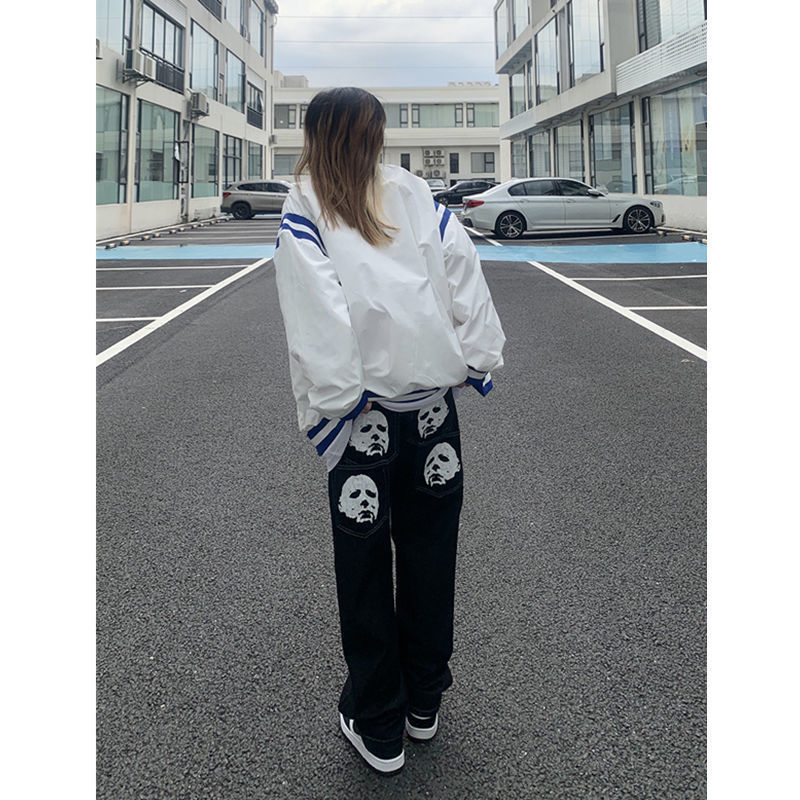 Emo Men Black Streetwear Hip Hop Skull Gothic Straight Wide Leg Cargo Pants Y2K Alt Harajuku Baggy Low Rise Jeans Clothes 220701