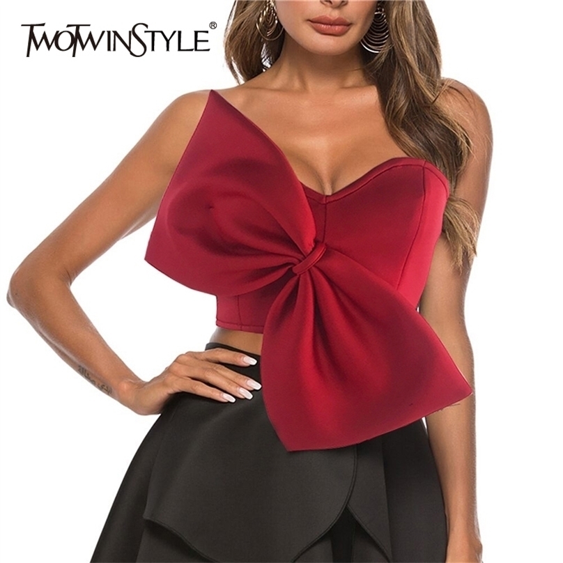 TWOTWINSTYLE Solid Color Patchwork Big Bowknot Vest For Women Off Shoulder Sleeveless Tube Top Vests Female Summer Fashion 220325