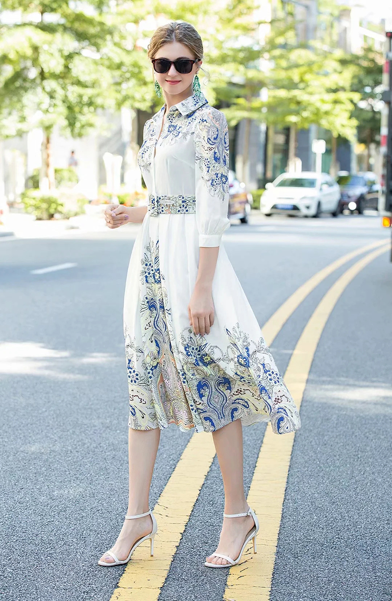 Women's Runway Dresses Turn Down Collar 3/4 Sleeves Printed High Street Fashion Dress Vestidos