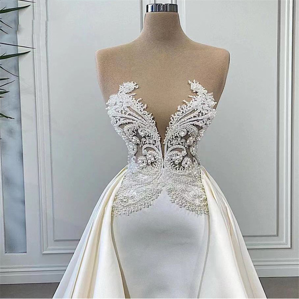 Satin Elegant White Pearls Evening Dresses Illusion Top Gowns for Women Vestidos De Fiesta Prom Party Dress