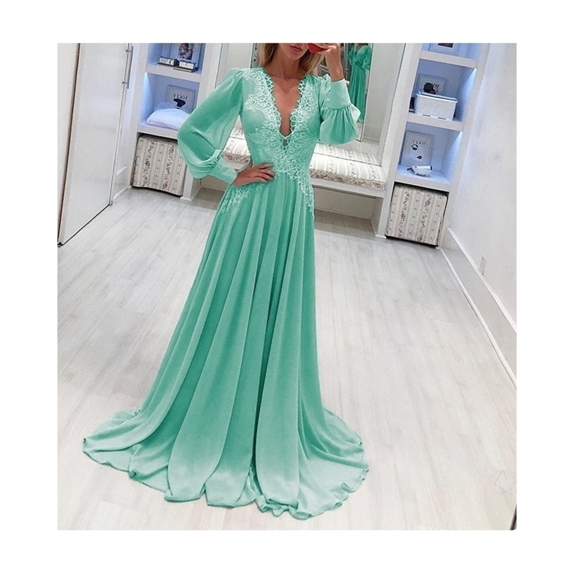 Women sexy v neck long sleeve lace patchwork chiffon maxi dress Green pink party frocks Plus size dresses for women 4xl 5xl 6xl T200113