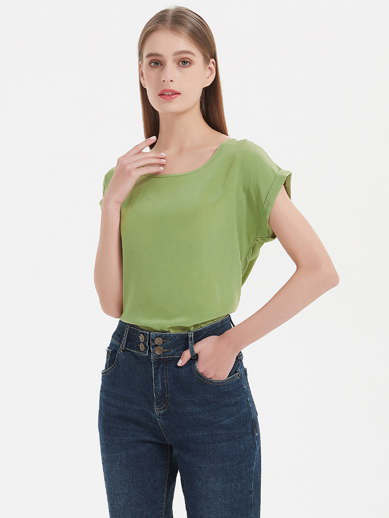 SuyaDream Woman Silk Tee 100%Real Bat Sleeved Solid Candy Colors O Neck T Shirt Summer Top 220328