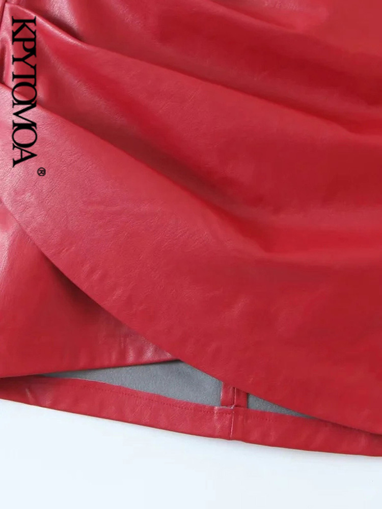 KPYTOMOA Women Chic Fashion Faux Leather Pleated Asymmetrical Mini Skirt Vintage High Waist Back Zipper Female Skirts Mujer 220317