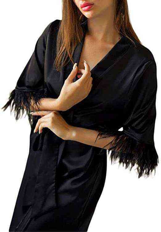 Nxy Sexy Underwear 3xl Vrouwen Struisvogel Haar Mouw Satijnen Kimono Bruid Gewaad Nachtkleding Roze Gewaden Pyjama Badjas Nachtjapon Bruids Kamerjas 0