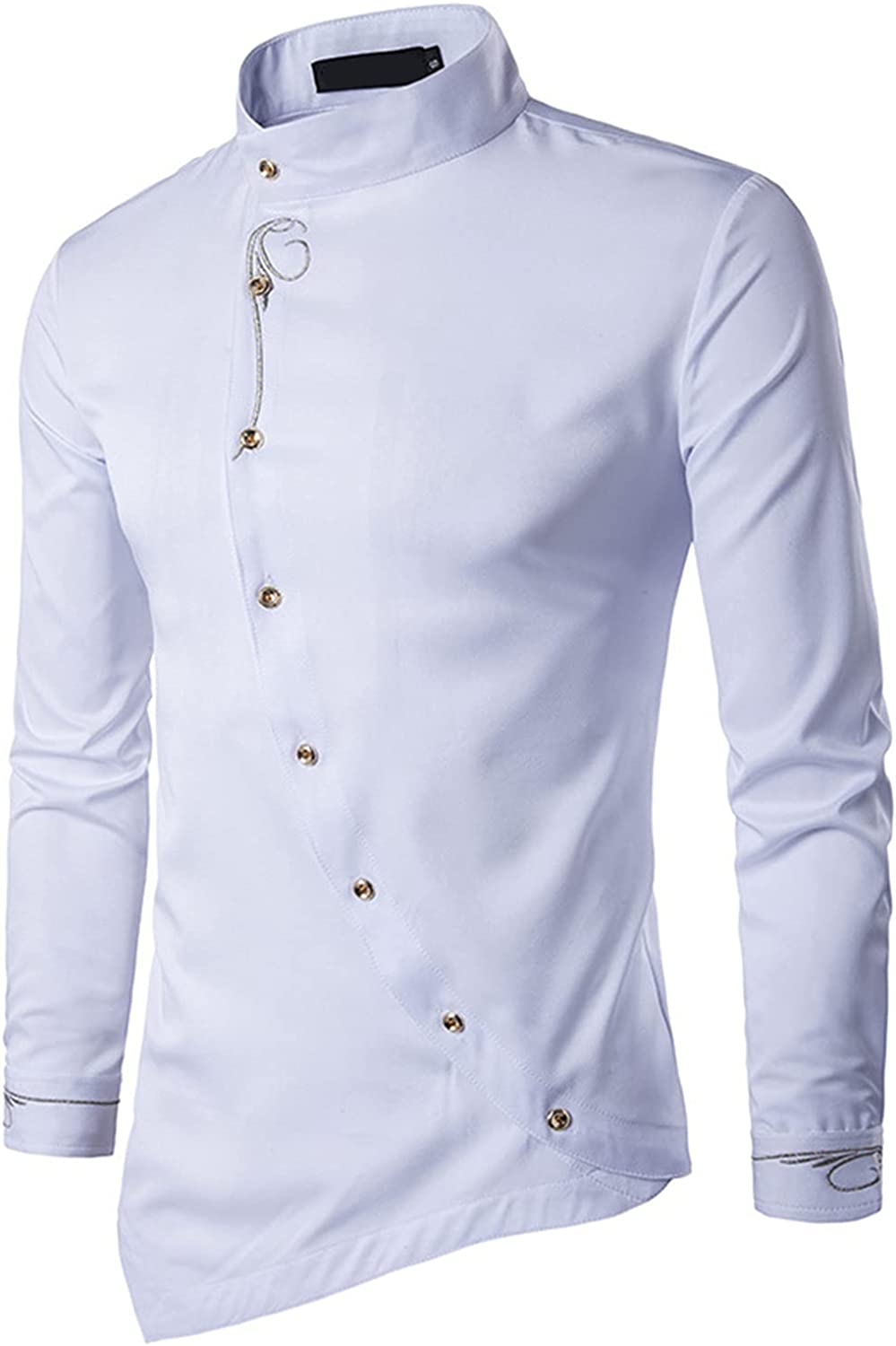 Men' Gold Embroidery Dress Shirts Irregular Hem Slim Fit Button Down Long Sleeve Mandarin Collar Shirt Tops, White
Men' Gold Embroidery Dress Shirts Irregular Hem Slim Fit Button Down Long Sleeve Mandarin Collar Shirt Tops, White