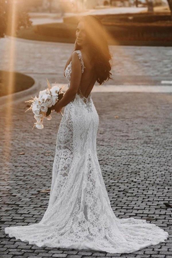 V Neck Lace Mermaid Dresses Illusion Beaded Backless Sweep Train Beach Boho Wedding Bridal Gowns Bc12888