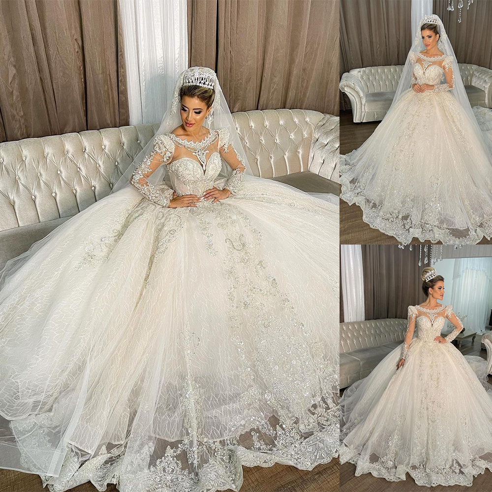 Ball Arab Princess Gown Wedding Dress Dubai Jewel Neck Long Sleeve Sequins Lace Appliques Beads Puffy Bridal Gowns S Lz0304