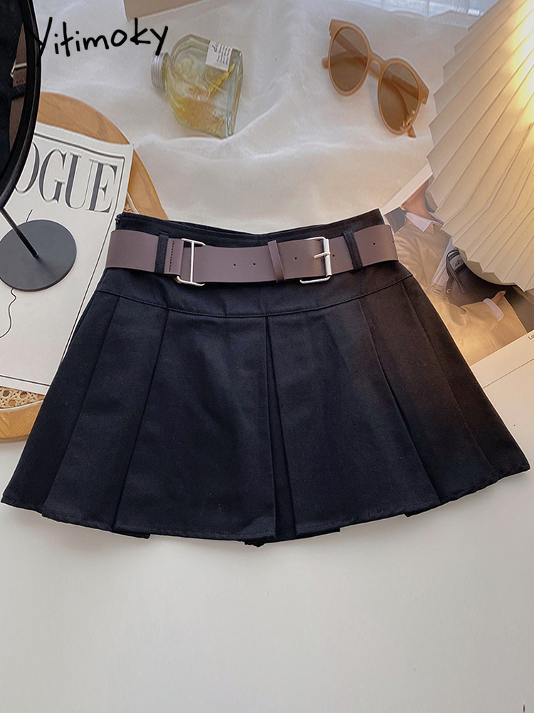 Yitimoky Pleated Skirts for Women Mini Y2k Summer Sashes Korean Fashion Clothing Harajuku Black High Waist Casual Elegant 220701