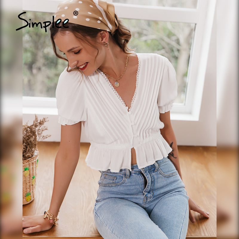 Sexy Deep Vneck Puff Sleeve Button Blouse Casual Summer Women Short Tops Fashion Elegant White Ruffled Female Tees 220527