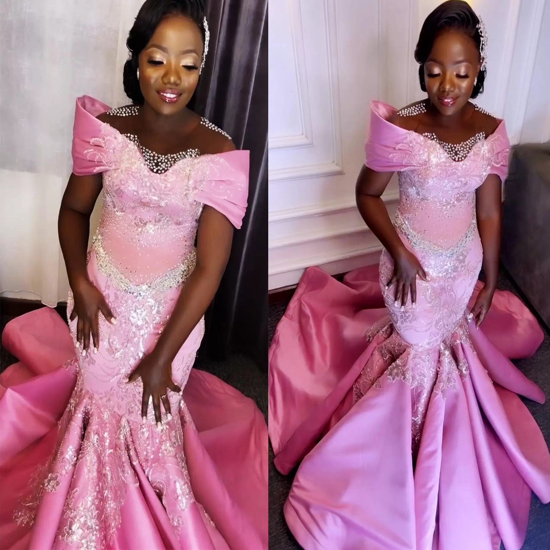 Pink Satin Prom Dresses Beaded Crystals Jewel Neck Mermaid Sheath Lace Applique Custom Made African Girl Evening Gowns Formal Ocn Wear