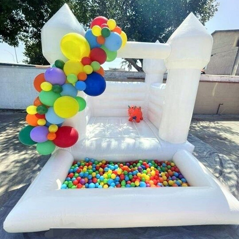White mini inflatable bouncer kids bounce house with slide and ball pool jumping castle for sale