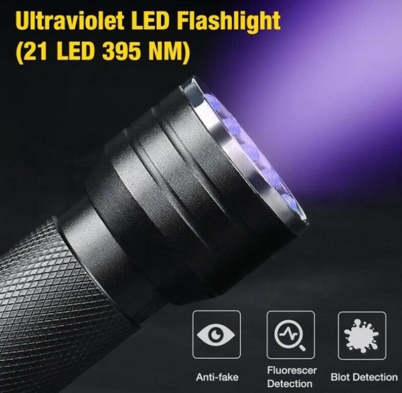 Purple 395nm 21LED 21 LED UV Ultra Violet Flashlight Torch Light Lamp Mini portable UV Flash Lights for Blacklight Invisible lamps