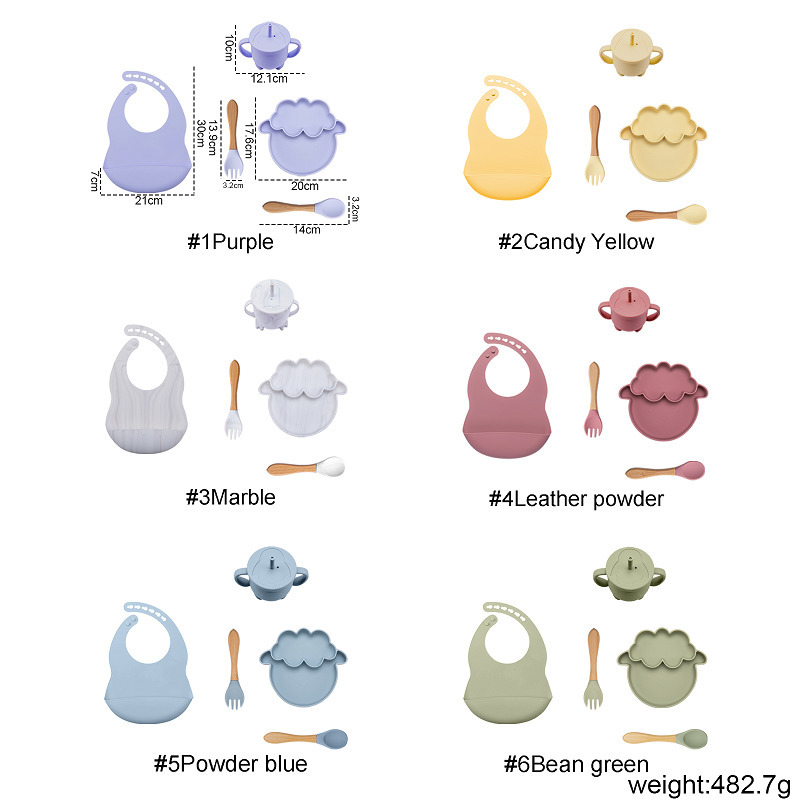 Baby Feeding Tableware Set 5Pcs Cartoon Sheep Lion Silicone Plate Spoon Cups Bib Food Grade Silicone Kids Waterproof Tableware 220512