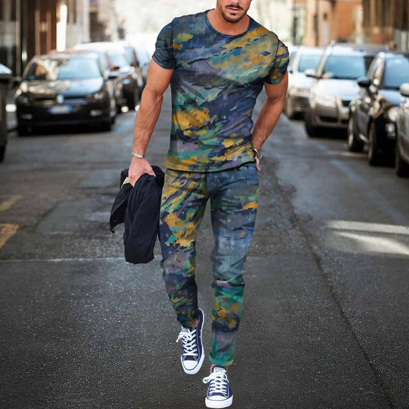 Summer European And American Colorful Gradient Pattern Men s 3d Digital Printing T shirt Trousers Two piece Set 220526