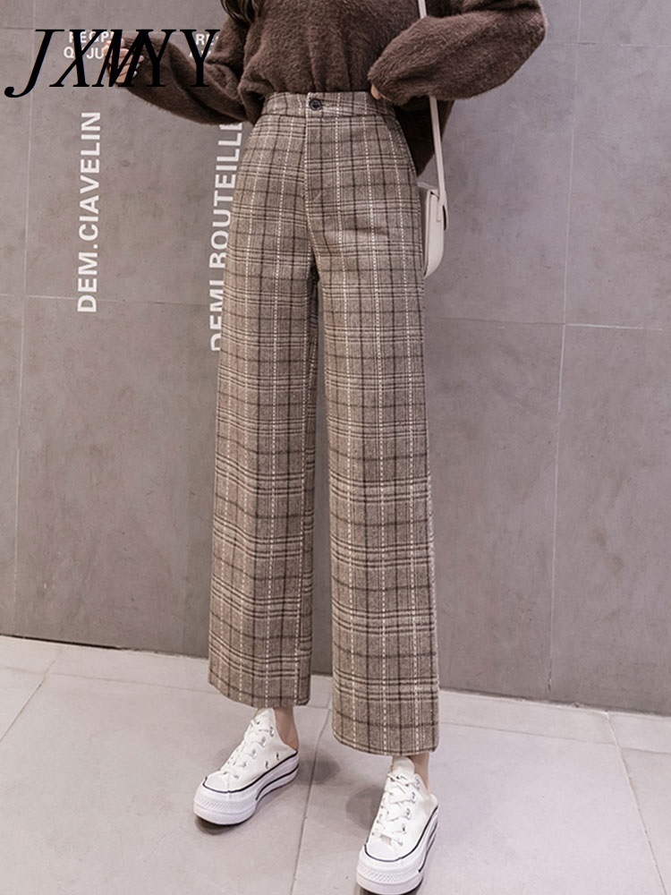 Autumn Winter Woolen Plaid Pant Elastic High Waist Ankle-length Pant Plus Size Harajuku Wide Leg Trousers Goth 220325