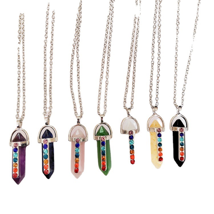 Reiki Healing Stones Necklaces 7 Chakra Colorful Natural Gemstone Hexagonal Prism Bullet Pendulum Jewelry for Women Men Gifts Crystal Rhinestone Penda