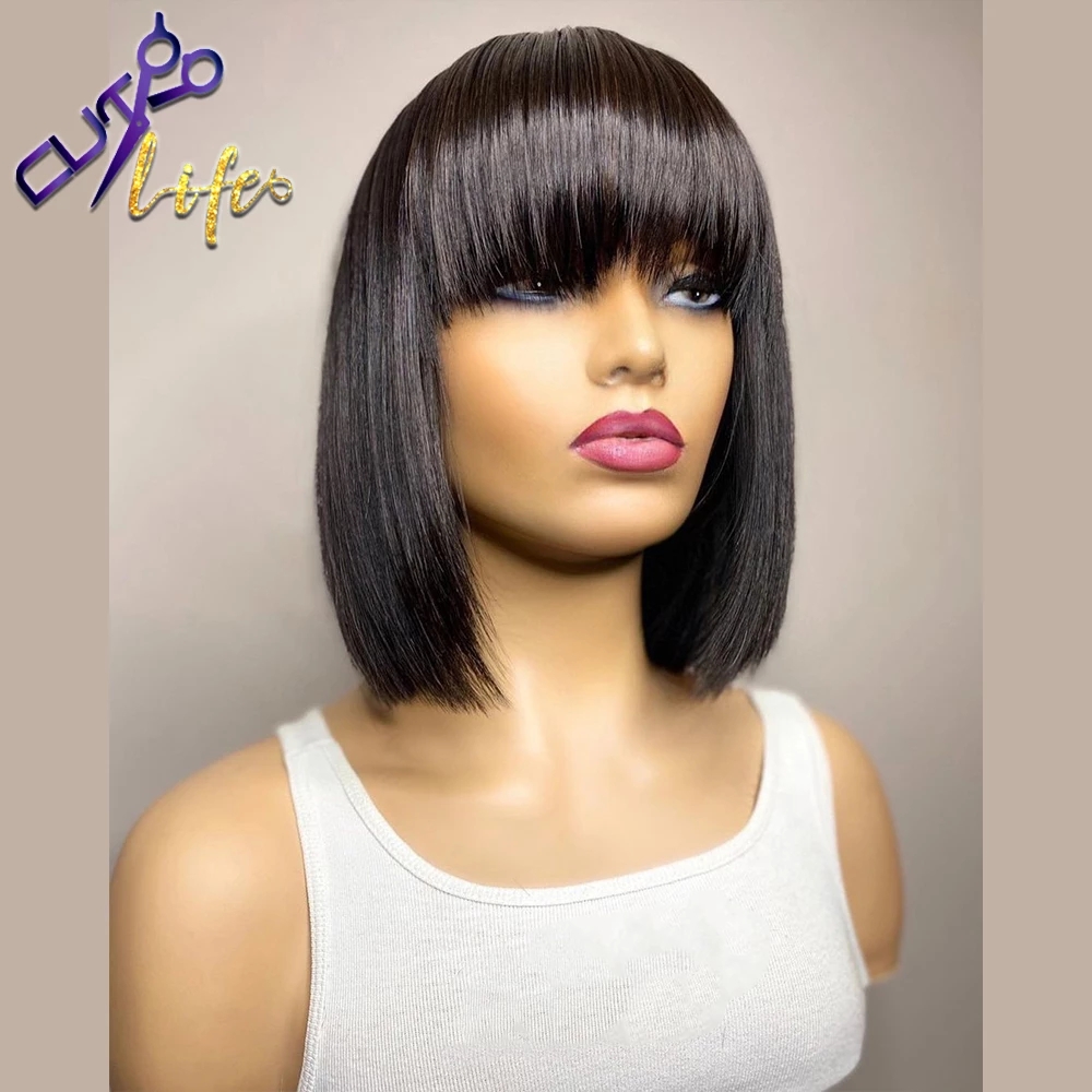 Free shipping 180density Highlight Blonde Ombre Straight Short Bob Wig Human Hair No Lace Wigs With Bangs For Black Women
