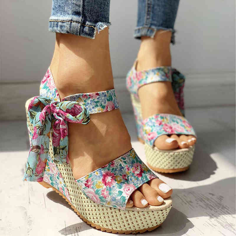 Heel Shoes Woman 2022 Fashion Platform Wedges Women Sandals Floral Flower Lace-up Footwear Female Open Toe Sandalias Mujer Shoe Y220421