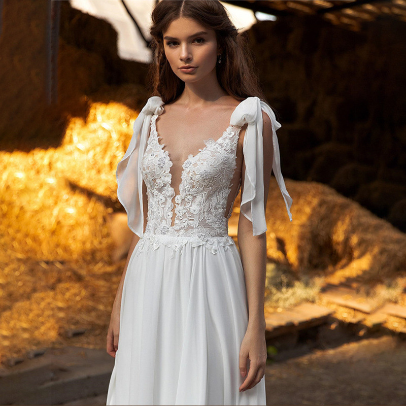 Chic Boho A Line Wedding Dress 2022 Civil V Neck Cap Sleeve Chiffon Beach Bohemian Wedding Dresses With Slit Backless Bride Robe De Mariage Women Vest