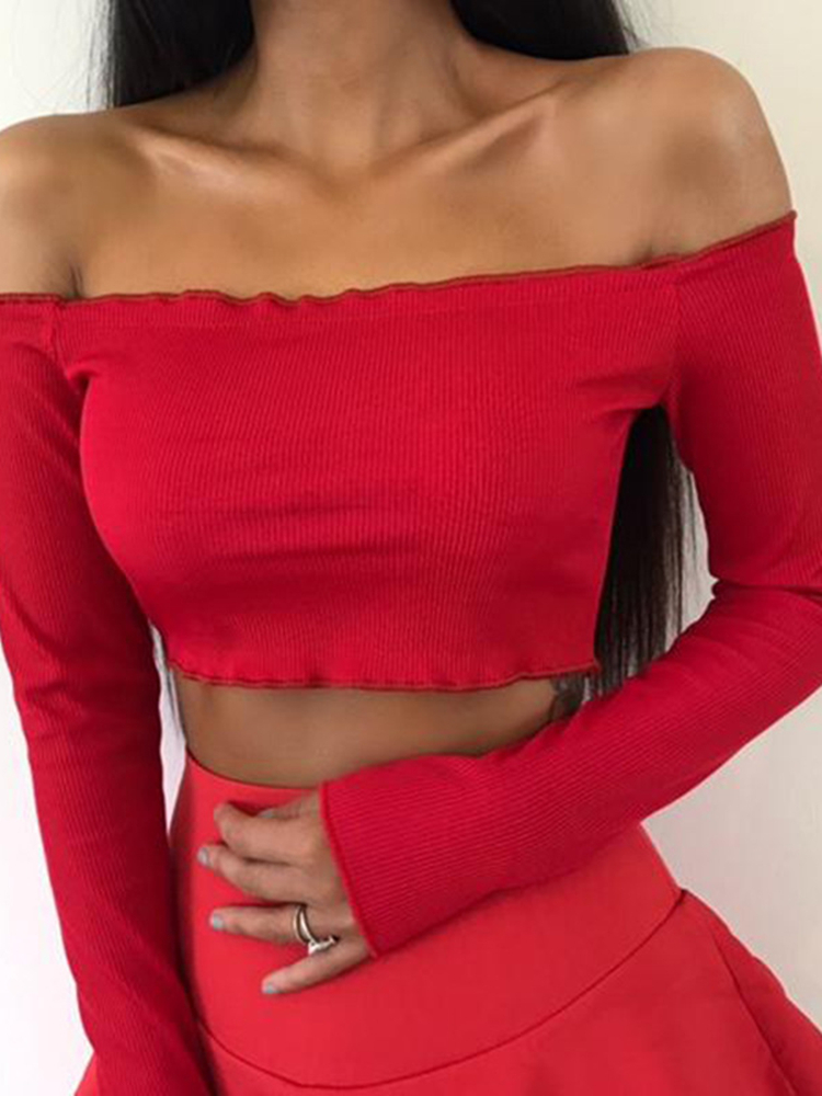 Women Off Shoulder Long Sleeve Slash Neck Summer Crop Tops Elastic Casual Solid T shirt Fashion Sexy Slimmer Skinny Fit Tees 220714