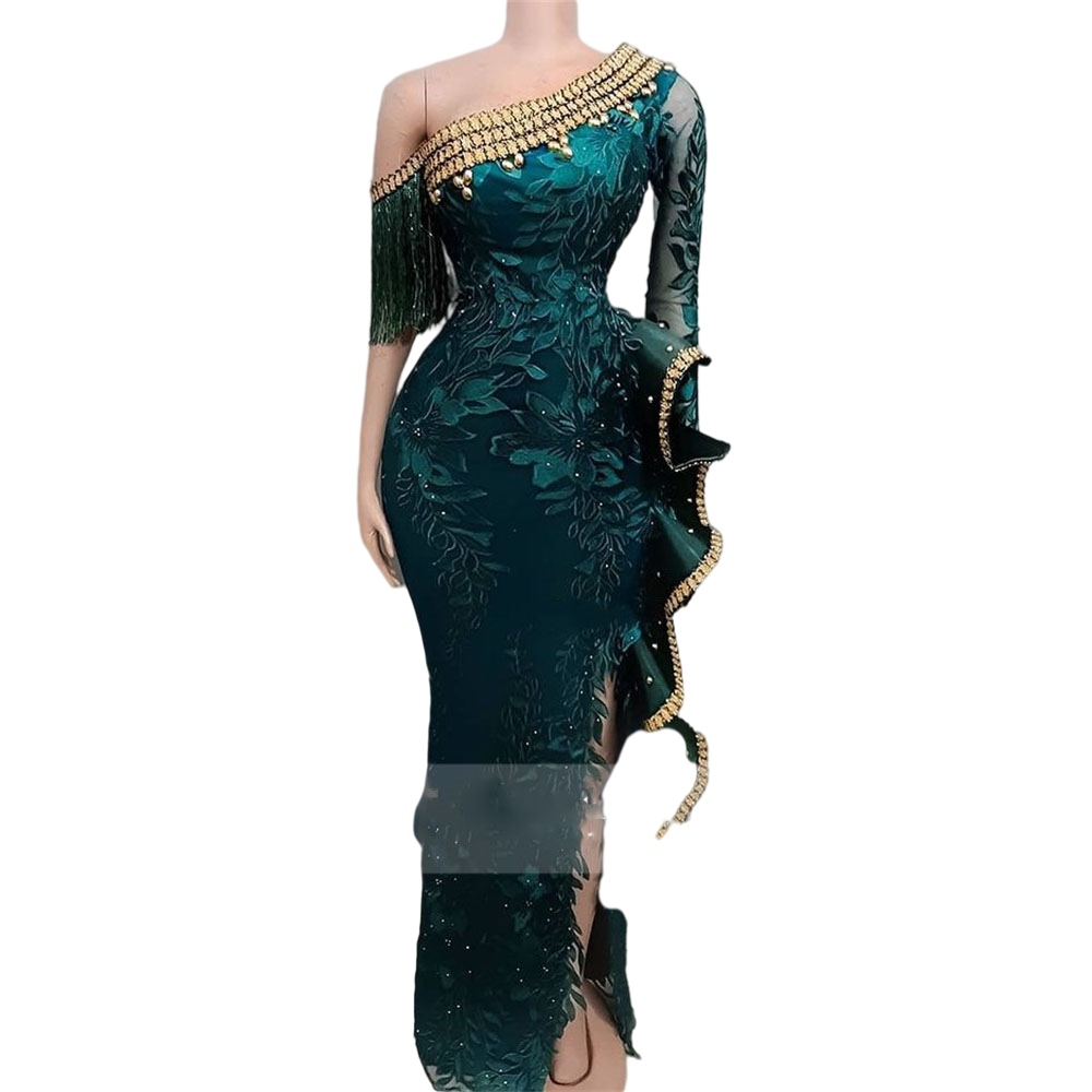 Hunter Green Aso Ebi Mermaid Evening Dresses Side Split One Shoulder Ruffles Beading Plus Size Prom Dress African Party Gown