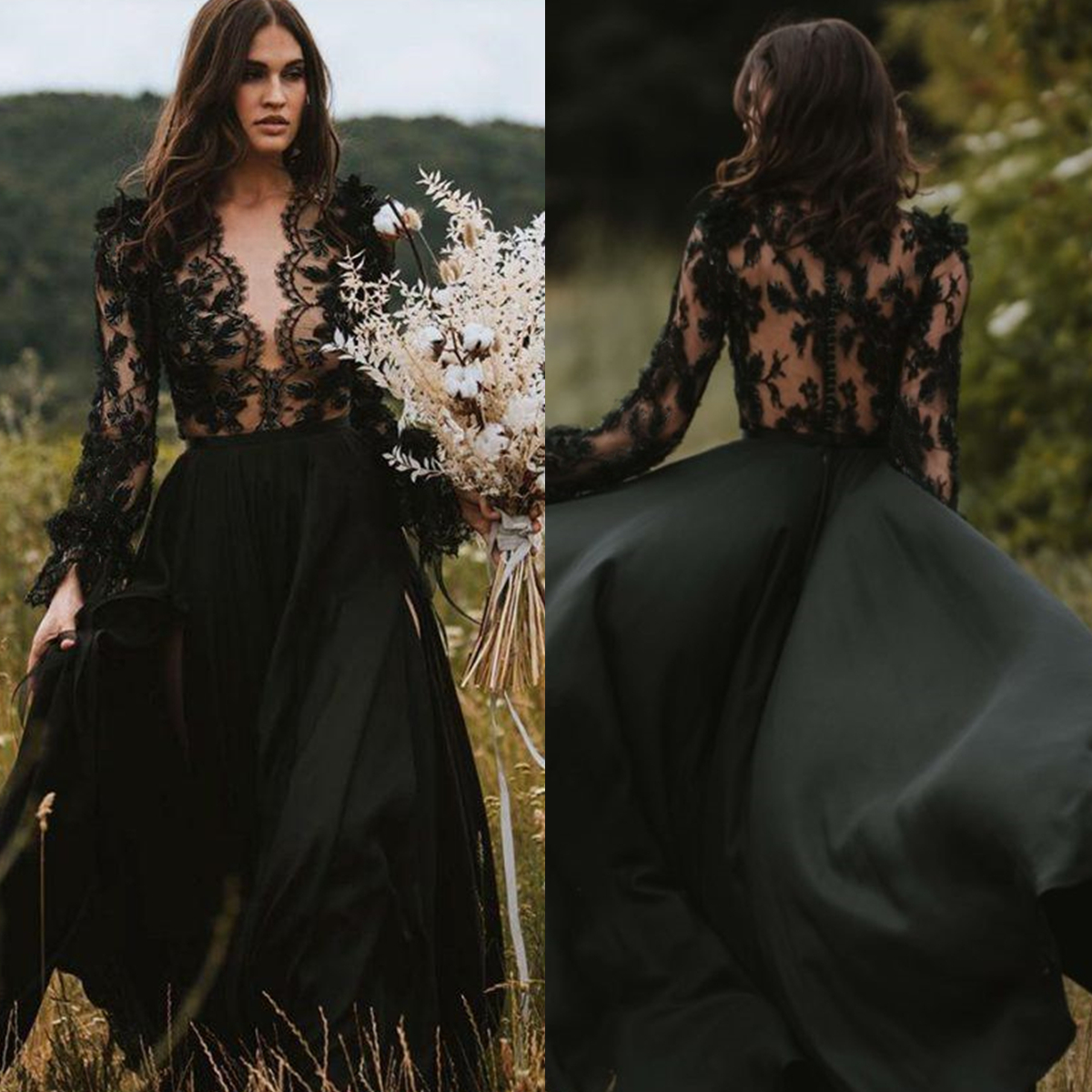 Gothic Black A Line Wedding Dress Sexy Illusion Inspiration Long Sleeve V-Neck Country Bridal Gowns Floral Lace Appliques Side Split Long Boho Beach B
