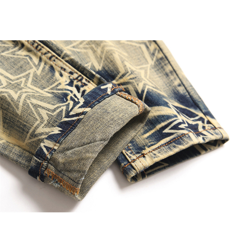Men Broken Track Jeans Plus Size 38 Printed Effect Distressed Fading Denim Male